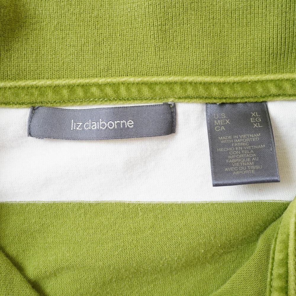 Liz Claiborne Womens XL Green White Striped Long Sleeve Polo Shirt Casual Cotton - Picture 4 of 6